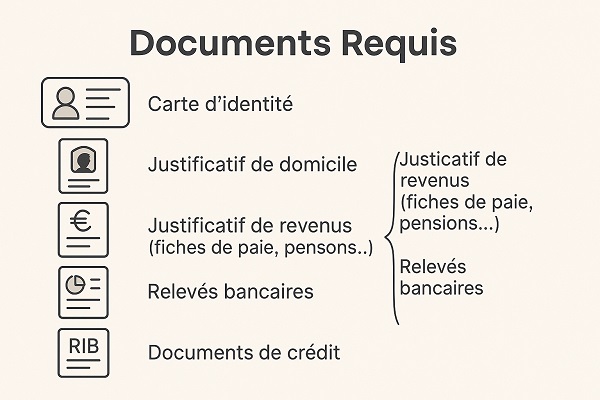 Infographie en style checklist présentant les documents requis pour un prêt personnel chez BNP Paribas : carte d’identité, justificatif de domicile, justificatif de revenus, relevés bancaires, documents de crédit et RIB. Style moderne et épuré avec icônes et tons neutres.